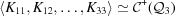 [\langle K_{11}, K_{12},\ldots, K_{33}\rangle\simeq{\cal C}^+({\cal Q}_3) ]