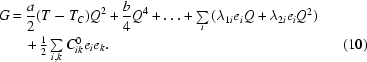 [\eqalignno{ G &= {a \over 2}({T - T_C } )Q^2 + {b \over 4}Q^4 + \ldots + \textstyle\sum\limits_i {({\lambda _{1i} e_i Q + \lambda _{2i} e_i Q^2 })} \cr &\quad + \textstyle{1 \over 2}\sum\limits_{i,k} {C_{ik}^0 e_i e_k } .&(10)} ]