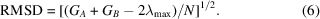 [{\rm RMSD} = [({{{G_A + G_B - 2 \lambda_{\max}})/{N}}}]{}^{1/2}.\eqno(6)]