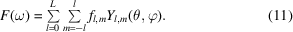 [F(\omega) = \textstyle\sum\limits_{l = 0}^L {\textstyle\sum\limits_{m = - l}^l {f_{l,m} Y_{l,m} (\theta, \varphi)} }.\eqno(11)]