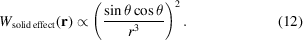 [W_{\rm solid\, effect} ({\bf r}) \propto \left({{{\sin \theta \cos \theta } \over {r^3 }}} \right)^2.\eqno(12)]