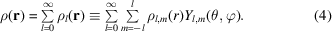 [\rho ({\bf r}) = \textstyle\sum\limits_{l = 0}^\infty {\rho _l ({\bf r}) \equiv \sum\limits_{l = 0}^\infty {\textstyle\sum\limits_{m = - l}^l {\rho _{l,m} (r)Y_{l,m} (\theta, \varphi)} } }.\eqno(4)]