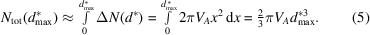 [N_{\rm tot} ({d_{\max }^ * } ) \approx \textstyle\int\limits_0^{d_{\max }^ * } {\Delta N({d^ * } )} = \int\limits_0^{d_{\max }^ * } {2\pi V_A x^2 \,{\rm d}x} = {2 \over 3}\pi V_A d_{\max }^{ * 3}. \eqno(5)]