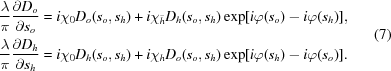 [\eqalign{ & {\lambda \over \pi }{{\partial {D_o}} \over {\partial {s_o}}} = i{\chi _0}{D_o}({s_o},{s_h}) + i{\chi _{\bar h}}{D_h}({s_o},{s_h})\exp [i\varphi ({s_o}) - i\varphi ({s_h})], \cr & {\lambda \over \pi }{{\partial {D_h}} \over {\partial {s_h}}} = i{\chi _0}{D_h}({s_o},{s_h}) + i{\chi _h}{D_o}({s_o},{s_h})\exp [i\varphi ({s_h}) - i\varphi ({s_o})]. \cr} \eqno (7)]