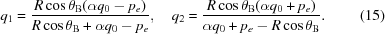 [{q_1} = {{R\cos \theta_{\rm B}(\alpha {q_0} - {p_e})} \over {R\cos \theta_{\rm B} + \alpha {q_0} - {p_e}}}, \quad {q_2} = {{R\cos \theta_{\rm B}(\alpha {q_0} + {p_e})} \over {\alpha {q_0} + {p_e} - R\cos \theta_{\rm B}}}. \eqno (15)]