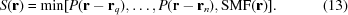 [S({\bf{r}}) = {\rm min}[P({\bf{r}} - {{\bf{r}}_q}),\ldots, P({\bf{r}} - {{\bf{r}}_n}), {\rm SMF}({\bf{r}})]. \eqno (13)]