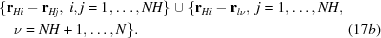 [\eqalignno{&\{{{\bf{r}}_{Hi}} - {{\bf{r}}_{Hj}},\ i,j = 1, \ldots, NH\} \cup \{ {{\bf{r}}_{Hi}} - {{\bf{r}}_{l\nu }},\ {\rm{ }}j = 1, \ldots, NH,\cr&\quad \nu = NH + 1, \ldots, N\}. & (17b)}]