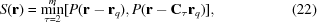 [S({\bf{r}}) = \mathop {\mathop {\rm min}\limits^m }\limits_{\tau = 2} [P({\bf{r}} - {{\bf{r}}_q}), P({\bf{r}} - {{\bf{C}}_\tau }{{\bf{r}}_q})], \eqno (22)]