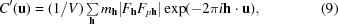 [C'({\bf{u}}) = (1 /V)\textstyle\sum\limits_{\bf{h}} {m_{\bf{h}}}|{F_{\bf{h}}}{F_{p{\bf{h}}}}|\exp (- 2\pi i{\bf{h}} \cdot {\bf{u}}), \eqno (9)]