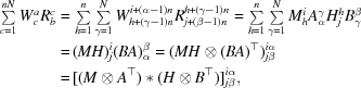 [\eqalign { \textstyle\sum\limits_{c = 1}^{nN} W^a_c R^c_b = \, & \textstyle\sum\limits_{h = 1}^{n} \textstyle\sum\limits_{\gamma = 1}^{N} W^{i + (\alpha-1)n}_{ h + (\gamma-1)n} R^{h + (\gamma-1)n}_{ j+(\beta-1)n} = \textstyle\sum\limits_{h = 1}^{n}\textstyle\sum\limits_{\gamma = 1}^{N} M^i_h A^\gamma_\alpha H^h_j B^\beta_\gamma \cr =\, &(M H)^i_j (BA)^\beta_\alpha = (M H \otimes (BA)^\top)^{i\alpha}_{j\beta} \cr =\, & [(M \otimes A^\top)*(H \otimes B^\top)] ^{i\alpha}_{j\beta},}]