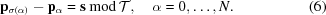[{\bf p}_{\sigma(\alpha)} - {\bf p}_\alpha = {\bf s}\ {\rm mod}\, {\cal T},\quad\alpha = 0,\ldots, N. \eqno (6)]