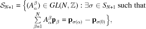[\matrix { {\cal S}_{N+1} = \Big \{ (A_\alpha^\beta) \in GL (N,{\bb Z}): \exists \sigma \in S_{N+1} \ {\rm such \,\, that} \cr \textstyle\sum\limits_{\beta = 1}^N A_\alpha^\beta {\bf p}_\beta = {\bf p}_{\sigma(\alpha)} - {\bf p}_{\sigma(0)} \Big \}, }]