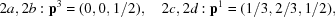 [2a, 2b: {\bf p}^3 = (0,0,1/2), \quad 2c,2d: {\bf p}^1 = (1/3,2/3,1/2),]