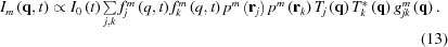 [\eqalignno{{I_m}\left({{\bf{q}},t} \right) &\propto {I_0}\left(t \right)\textstyle\sum\limits_{j,k} f_j^m\left({q,t} \right)f_k^m\left({q,t} \right){p^m}\left({{{\bf{r}}_j}} \right){p^m}\left({{{\bf{r}}_k}} \right){T_j}\left({\bf{q}} \right) T_k^*\left({\bf{q}} \right)g_{jk}^m\left({\bf{q}} \right). &\cr && (13)\cr}]