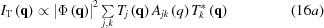 [{I_{\rm T}}\left({\bf{q}} \right) \propto {\left| {\Phi \left({\bf{q}} \right)} \right|^2}\textstyle\sum\limits_{j,k} {{T_j}\left({\bf{q}} \right){A_{jk}}\left(q \right)T_k^*\left({\bf{q}} \right)} \eqno (16a)]
