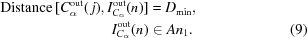 [\eqalignno{{\rm Distance}\,[C_\alpha^{\rm out}(\,j),I_{C_\alpha}^{\rm out}(n)] &= D_{\min},&\cr I_{C_\alpha}^{\rm out}(n) &\in An_1. &(9)}]