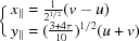 [\left\{ \matrix { x_\parallel = {{1}\over{2^{1/2}}} (v-u) \hfill\cr y_\parallel = ({{3+4\tau}\over{10}})^{1/2}(u+v)}\right.]