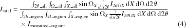 [\eqalignno{I_{\rm total} &= {{\int_{2\theta\_{\rm all}} \int_{\Omega\_{\rm all}} \int_{X\_{\rm all}} \sin \Omega_{X} {{1}\over{\sin 2\theta}} I_{2\theta\Omega X}\,{\rm d} X\,{\rm d}\Omega \,{\rm d}2\theta}\over{\int_{2\theta\_{\rm region}} \int_{\Omega\_{\rm region}} \int_{X\_{\rm region}} \sin \Omega_{X} {{1}\over{\sin 2\theta}} I_{2\theta\Omega X}\,{\rm d} X\,{\rm d}\Omega\,{\rm d}2\theta}}&\cr &\quad\times I_{\rm measured\_region}. & (4)}]