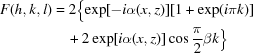 [\eqalign{F(h,k,l) &= 2\Bigl\{\exp[-i \alpha(x,z)] [1 +\exp(i\pi k)]\cr &\quad + 2 \exp[i \alpha(x,z)] \cos {{ \pi} \over {2}} \beta k\Bigr\}}]