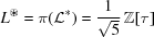 [L^{\odot\kern0.0pt\lower.2ex\llap{$\ast$}} = \pi ({\cal L}^{*}) = {1\over \sqrt{5}}\, {\bb Z}[\tau]]