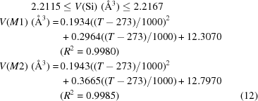 [\eqalignno{2.2115 &\le V({\rm Si})\,\,({\rm \AA}^3) \le 2.2167\cr V(M1)\,\,({\rm \AA}^3) =\, &0.1934((T-273)/1000)^2 \cr &+ 0.2964((T-273)/1000) + 12.3070\cr &(R^2 = 0.9980)\cr V(M2)\,\,({\rm \AA}^3) =\, & 0.1943((T-273)/1000)^2\cr & + 0.3665((T-273)/1000) + 12.7970\cr &(R^2 = 0.9985) &(12)}]