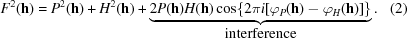 [F^2({\bf h}) = P^2({\bf h}) + H^2({\bf h}) + \underbrace{2P({\bf h})H({\bf h})\cos\{2\pi i[\varphi_P({\bf h})-\varphi_H({\bf h})]\}}_{\displaystyle {\rm interference}}. \eqno (2)]