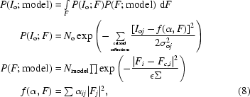 [\eqalignno {P(I_{\rm o}\semi{\rm model}) & = \textstyle \int \limits _F P(I_{\rm o}\semi F) P(F\semi {\rm model}) \,\, {\rm d}F \cr P(I_{\rm o}\semi F) & = N_{\rm o} \exp\left(-{\textstyle \sum \limits_{{\rm related} \atop {\rm reflections}}} {{[I_{{\rm o}j}-f(\alpha,F)]^2} \over {2\sigma_{{\rm o}j}^{2}}}\right) \cr P(F\semi {\rm model})& = N_{\rm model} {\textstyle \prod} \exp \left (-{{|F_i-F_{c,i}|^2} \over {\epsilon \Sigma}}\right) \cr f(\alpha,F) & = \textstyle \sum \alpha_{ij} |F_j|^2, & (8)}]