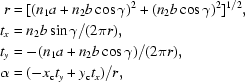 [\eqalign {r &= [(n_{1}a+n_{2}b\cos\gamma)^{2}+(n_{2}b\cos\gamma)^{2}]^{1/2}, \cr t_{x} &= n_{2}b\sin\gamma /(2\pi r), \cr t_{y} &= -(n_{1}a+n_{2}b\cos\gamma)/(2\pi r), \cr \alpha &= (-x_{{\rm c} }t_{y}+y_{{\rm c}}t_{x})/r,}]
