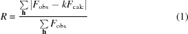 [R = {{\textstyle \sum\limits_{\bf h} |F_{\rm obs} - kF_{\rm calc}|} \over {\textstyle \sum\limits_{\bf{h}} F_{\rm obs} }}\eqno (1)]