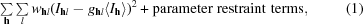 [\textstyle \sum \limits_{\bf h}\textstyle \sum \limits _{l}{w}_{{\bf h}l}(I_{{\bf h}l}- g_{{\bf h}l}\langle I_{\bf h}\rangle)^{2}+{\rm parameter \,\,restraint\,\,terms}, \eqno (1)]