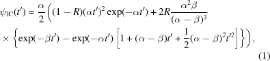 [\eqalignno {&\psi_{\rm IC} (t') = {\alpha \over 2} \biggr ( (1 - R)(\alpha t')^2 \exp(-\alpha t') + 2R {{\alpha^2\beta} \over {(\alpha - \beta)^3}} \cr & \times \left \{ \exp(-\beta t') - \exp(-\alpha t') \left[1 + (\alpha - \beta)t' + {1 \over 2} (\alpha - \beta)^2 t'^{2} \right] \right \} \biggr ), \cr && (1)}]
