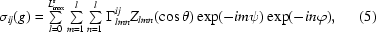 [\sigma_{ij}(g) = \textstyle\sum\limits_{l = 0}^{L^s_{\max}} \textstyle\sum\limits_{m = 1}^l \textstyle\sum\limits_{n = 1}^l\Gamma^{ij}_{lmn}Z_{lmn}(\cos\theta)\exp(-im\psi)\exp(-in\varphi),\eqno(5)]