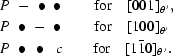 [\eqalign{&P\,\, - \,\, \bullet\,\, \bullet \qquad{\rm for}\quad [ 001 ]_{\theta ^{\,\prime}},\cr & P\,\, \bullet \,\, - \,\,\bullet \qquad{\rm for}\quad [100 ]_{\theta ^{\prime}} \cr &P \,\,\bullet \,\,\, \bullet\,\,\,\,\, c \qquad{\rm for}\quad [ 1\bar{1} 0 ]_{\theta ^{\,\prime}}.}]