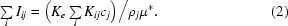 [\textstyle\sum\limits_i I_{ij} = \Big(K_e \textstyle\sum\limits_i K_{ij} c_j \Big)\big/ \rho _j \mu^*.\eqno (2)]