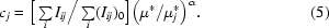 [c_j = \Big[\textstyle\sum\limits_i I_{ij} \big/ \textstyle\sum\limits_i ( I_{ij} )_0 \Big]\big( \mu^* / \mu _j^* \big)^\alpha . \eqno (5)]