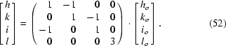 [\left[\matrix{ h\cr k\cr i\cr l }\right] = \left(\matrix{ \hfill 1&\hfill -1&\hfill 0&\hfill 0\cr \hfill 0&\hfill 1&\hfill -1&\hfill 0\cr \hfill -1&\hfill 0&\hfill 1&\hfill 0\cr \hfill 0&\hfill 0&\hfill 0&\hfill 3 }\right)\cdot\left[\matrix{ h_{o}\cr k_{o}\cr i_{o}\cr l_{o} }\right].\eqno (52)]