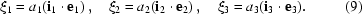[\xi_1 = a_1({\bf i}_1\cdot{\bf e}_1)\,,\quad \xi_2 = a_2({\bf i}_2\cdot{\bf e}_2)\,,\quad \xi_3 = a_3({\bf i}_3\cdot{\bf e}_3).\eqno (9)]