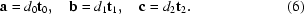 [{\bf a} = d_0 {\bf t}_0, \quad {\bf b} = d_1 {\bf t}_1, \quad {\bf c} = d_2 {\bf t}_2 . \eqno (6)]