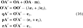 [\eqalign{ {\bf OA}^{\prime} & = {\bf OA} + ({\bf OA} \cdot {\bf m}), \cr {\bf O}^{\prime}{\bf A}^{\prime} &= {\bf OO}^{\prime} - (\lambda {\bf e}_1 + \beta {\bf e}_2), \cr {\bf qA}^{\prime} &= {\bf O}^{\prime}{\bf A}^{\prime} - {\bf e}_2, \cr {\bf pA}^{\prime} &= {\bf O}^{\prime}{\bf A}^{\prime} - ({\bf e}_1 + {\bf e}_2), \cr {\bf rA}^{\prime} &= {\bf O}^{\prime}{\bf A}^{\prime} - {\bf e}_1, \cr} \eqno (16)]