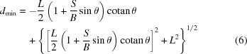 [\eqalignno{d_{\min}& = -{L\over 2} \left(1+{{S} \over {B}}\sin\theta \right) {\rm cotan}\,\theta&\cr &\quad + \left\{ \left[{L\over 2} \left(1+{{S} \over {B}}\sin\theta\right) {\rm cotan}\,\theta\right]^2 + L^2\right\}^{1/2} &(6)\cr}]