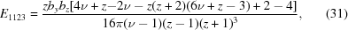 [E_{1123} = {{z b_y b_z [4 \nu +z {-2 \nu -z (z+2) (6 \nu +z-3)+2}-4]} \over {16 \pi (\nu -1) (z-1) (z+1)^3}}, \eqno(31)]