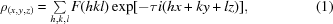 [\rho_{(x,y,z)} = \textstyle\sum\limits_{h,k,l}{F(hkl) \exp[{-\tau i ({hx} + {ky} + {lz})}}], \eqno (1)]