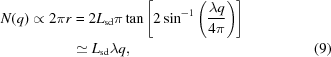 [\eqalignno{ N(q)\propto 2\pi r &= 2{L_{\rm sd}}\pi \tan\left[2\sin^{-1}\left({{\lambda q} \over {4\pi }}\right)\right]&\cr &\simeq {L_{\rm sd}}\lambda q, &(9)\cr }]