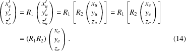 [\eqalignno{ \left(\matrix{{x}_{e}^{\prime}\cr {y}_{e}^{\prime}\cr {z}_{e}^{\prime}}\right)& = {R}_{1} \left(\matrix{{x}_{u}^{\prime}\cr {y}_{u}^{\prime}\cr {z}_{u}^{\prime}}\right) = {R}_{1}\left[{R}_{2}\left(\matrix{{x}_{u}\cr {y}_{u}\cr {z}_{u}}\right)\right] = {R}_{1}\left[{R}_{2}\left(\matrix{{x}_{e}\cr {y}_{e}\cr {z}_{e}}\right)\right] \cr & = \left({{R}_{1}R}_{2}\right)\left(\matrix{{x}_{e}\cr {y}_{e}\cr {z}_{e}}\right) .& (14)}]