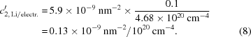 [\eqalignno{c_{2, \, {\rm Li/electr.}}^{\prime} = & \, 5.9 \times 10^{-9} \ {\rm nm}^{-2} \times {{0.1} \over {4.68 \times 10^{20} \ {\rm cm}^{-4}}} \cr = & \, 0.13 \times 10^{-9} \ {\rm nm}^{-2} / 10^{20} \ {\rm cm}^{-4} . &(8)}]