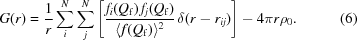 [G(r) = {{1} \over {r}} \sum _i^N \sum _j^N \left [ {{f_i (Q_{\rm f}) \, f_j (Q_{\rm f})} \over {\langle f(Q_{\rm f}) \rangle^2}} \, \delta(r - r_{ij}) \right ] - 4\pi r \rho _0 . \eqno (6)]