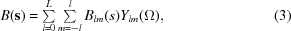 [B({\bf s}) = \textstyle\sum \limits_{l = 0}^L \sum \limits_{m = - l}^l B_{lm}(s)Y_{lm}(\Omega), \eqno (3)]