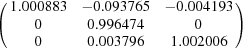 [\left ( \matrix { 1.000883 & - 0.093765 & - 0.004193 \cr 0 & 0.996474 & 0 \cr 0 & 0.003796 & 1.002006} \right )]