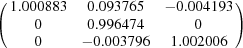 [\left ( \matrix { 1.000883 & 0.093765 & - 0.004193 \cr 0 & 0.996474 & 0 \cr 0 & - 0.003796 & 1.002006} \right )]