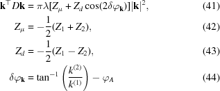 [\eqalignno {{\bf k}^\top D {\bf k} &= \pi \lambda [Z_\mu + Z_d \cos(2 \delta\varphi_{\bf k})] |{\bf k}|^2, & (41) \cr Z_\mu & = -{{1} \over {2}}(Z_1 + Z_2), & (42)\cr Z_d & = -{{1} \over {2}}(Z_1 - Z_2), & (43)\cr \delta\varphi_{{\bf k}} & = \tan^{-1}\left({{k^{(2)}} \over {k^{(1)}}}\right) - \varphi_A & (44)} ]